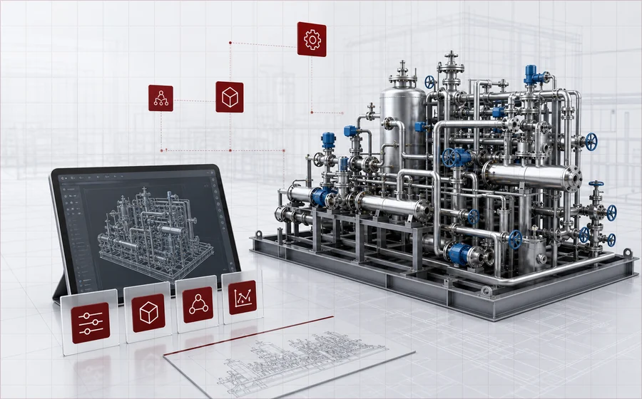 CAD-Prozessvisualisierung mit Anlagenmodell, Tablet und digitalen Konstruktionssymbolen