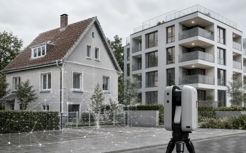 3D-Erfassung im Baugewerbe mit Wohngebäuden, Scanner und Punktwolke