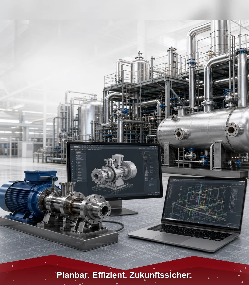CAD-Management und Konstruktion mit Industrieanlage, CAD-Arbeitsplatz und technischem Bauteil